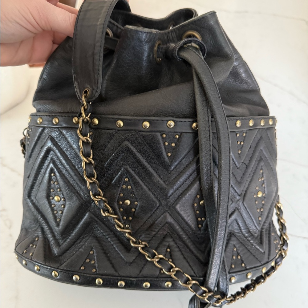 Cleobella Black Leather Bucket Bag with Gold Accents